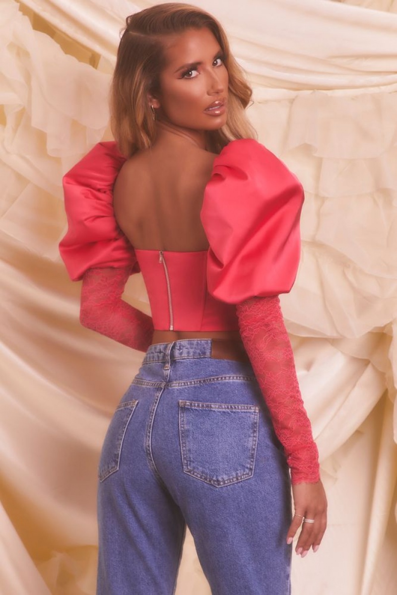 Hot Pink Oh Polly Somebody To Love Puff Sleeve Satin Lace Crop Top | QWZY-62873