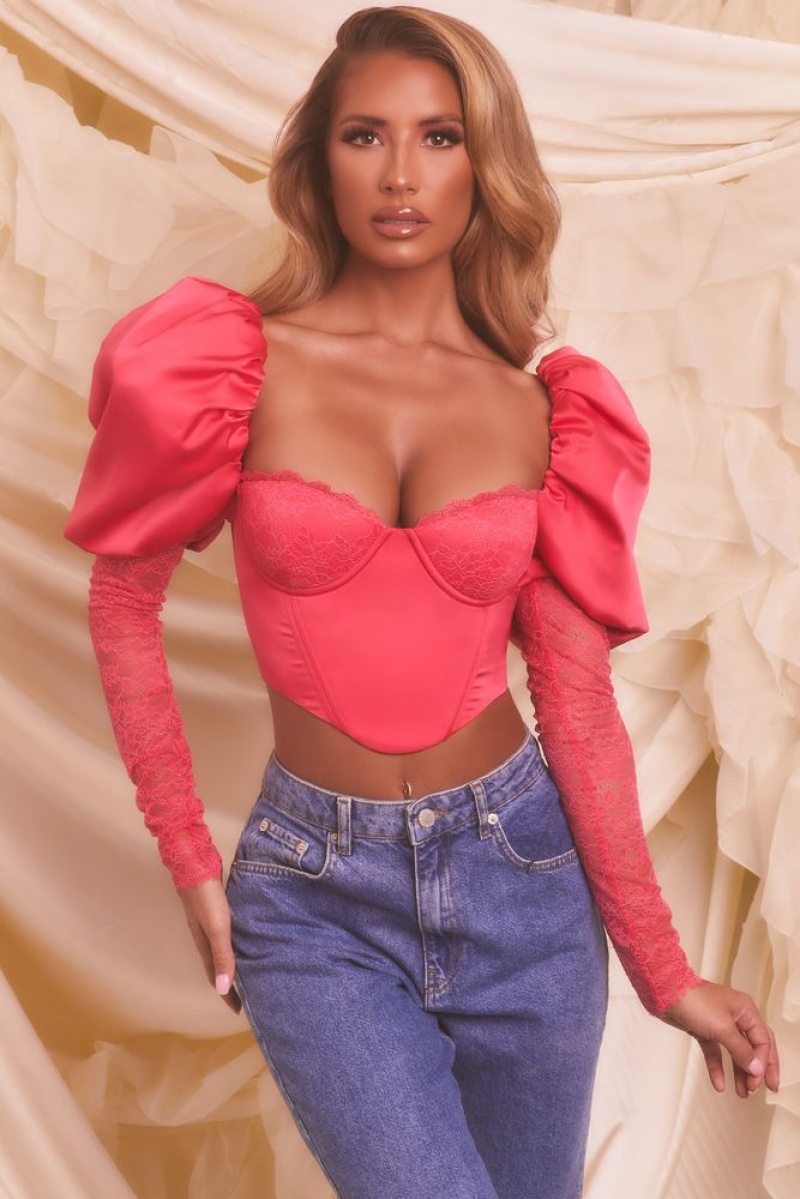 Hot Pink Oh Polly Somebody To Love Puff Sleeve Satin Lace Crop Top | QWZY-62873