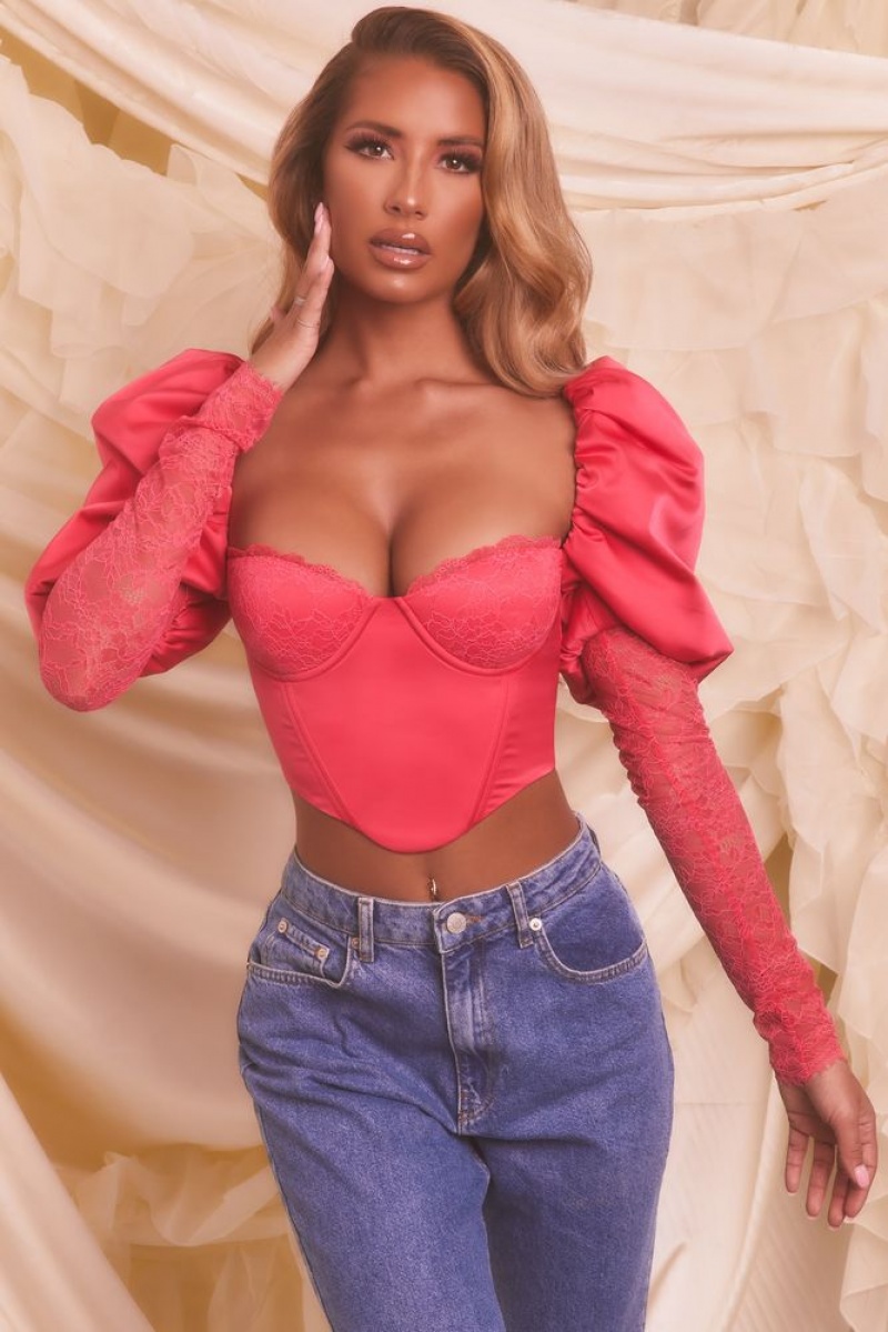 Hot Pink Oh Polly Somebody To Love Puff Sleeve Satin Lace Crop Top | QWZY-62873