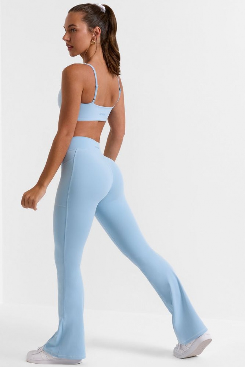 Ice Blue Oh Polly Match Petite Cross Waistband Flare Pocket Leggings | WDOX-40382