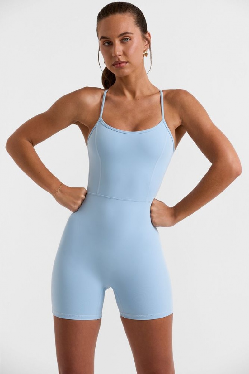 Ice Blue Oh Polly Serve Scoop Neckline Open Back Unitard | PFCW-42056