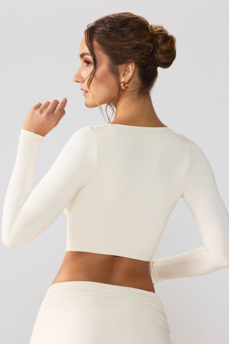 Ivory Oh Polly Avery Slinky Jersey Plunge Neck Long Sleeve Crop Top Top | VHDK-42719