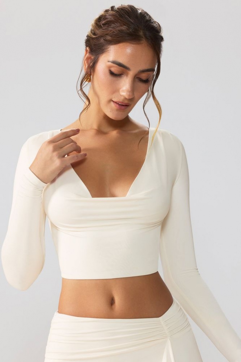 Ivory Oh Polly Avery Slinky Jersey Plunge Neck Long Sleeve Crop Top Top | VHDK-42719