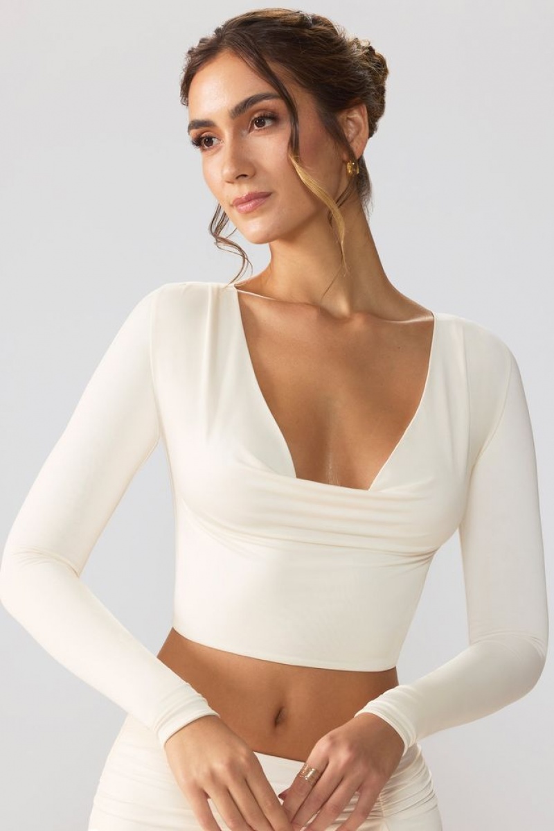 Ivory Oh Polly Avery Slinky Jersey Plunge Neck Long Sleeve Crop Top Top | VHDK-42719