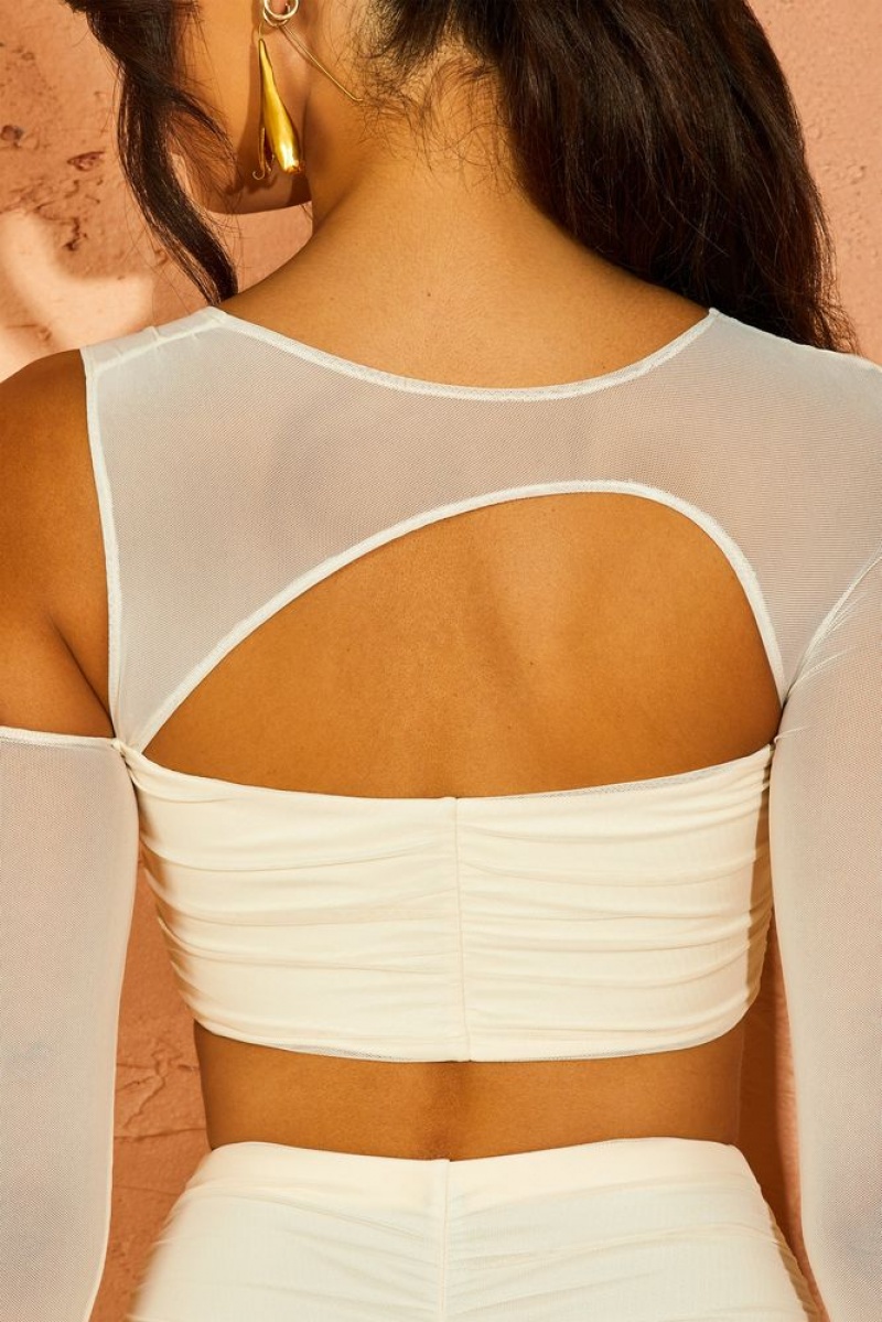 Ivory Oh Polly Belina Asymmetric Cowl Neck Cut Out Crop Top | FEJL-29086