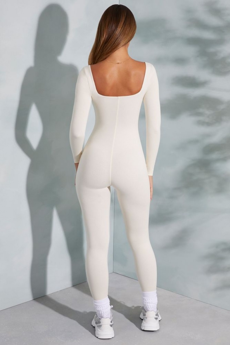 Ivory Oh Polly Delanie Petite Square Neck Long Sleeve Jumpsuit | WSBV-09751