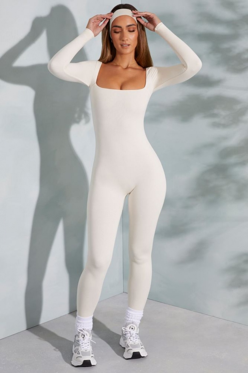 Ivory Oh Polly Delanie Petite Square Neck Long Sleeve Jumpsuit | WSBV-09751