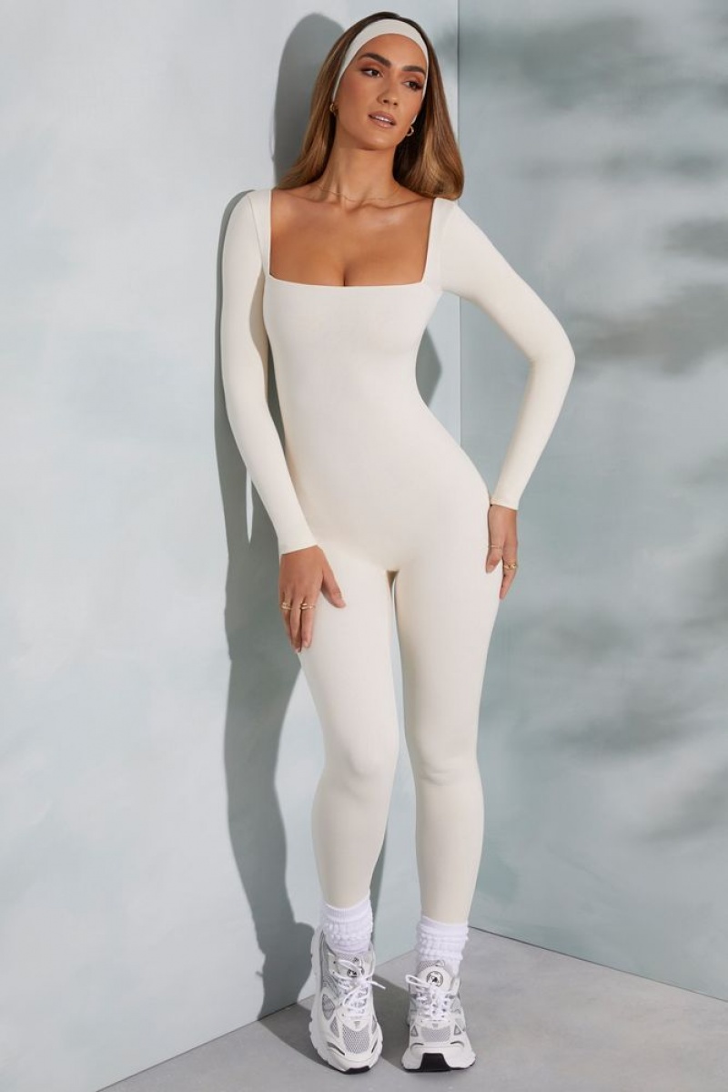 Ivory Oh Polly Delanie Petite Square Neck Long Sleeve Jumpsuit | WSBV-09751