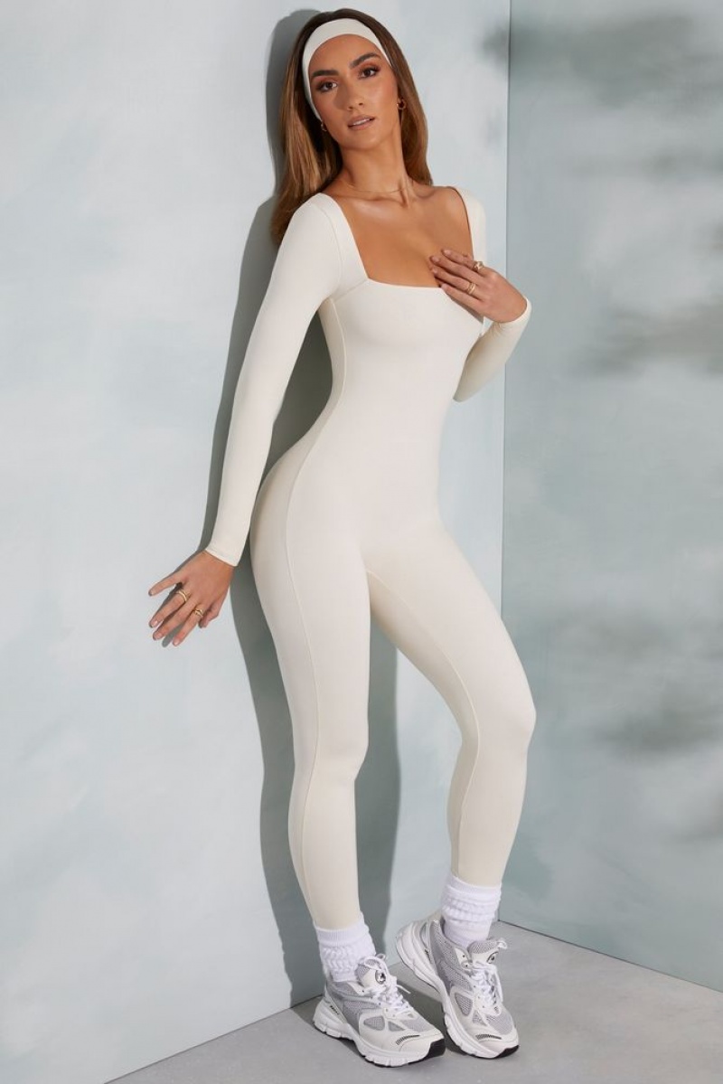 Ivory Oh Polly Delanie Petite Square Neck Long Sleeve Jumpsuit | WSBV-09751