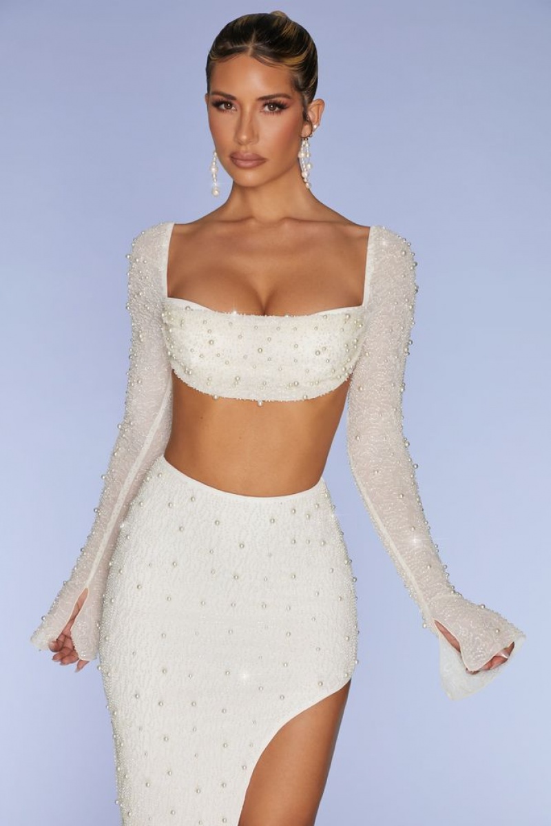 Ivory Oh Polly La Desirade Embellished Cowl Neck Crop Top | EMHL-74198