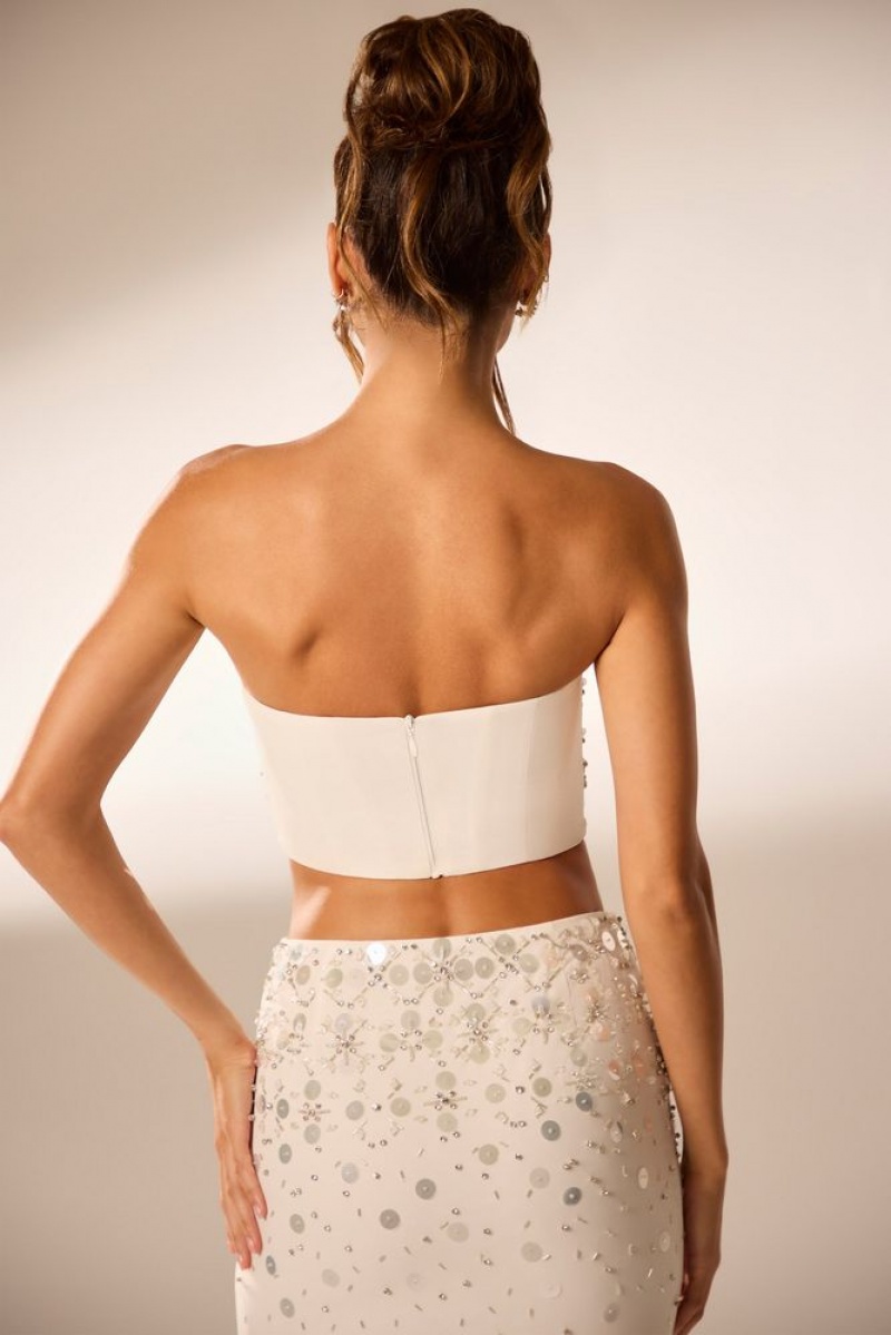 Ivory Oh Polly Maia Hand Embellished Bandeau Corset Crop Top | FMGR-15340