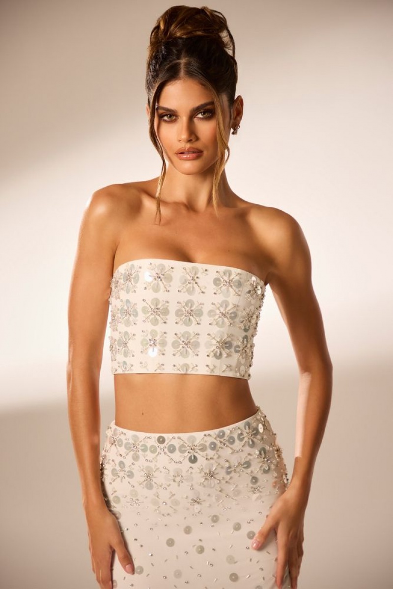 Ivory Oh Polly Maia Hand Embellished Bandeau Corset Crop Top | FMGR-15340