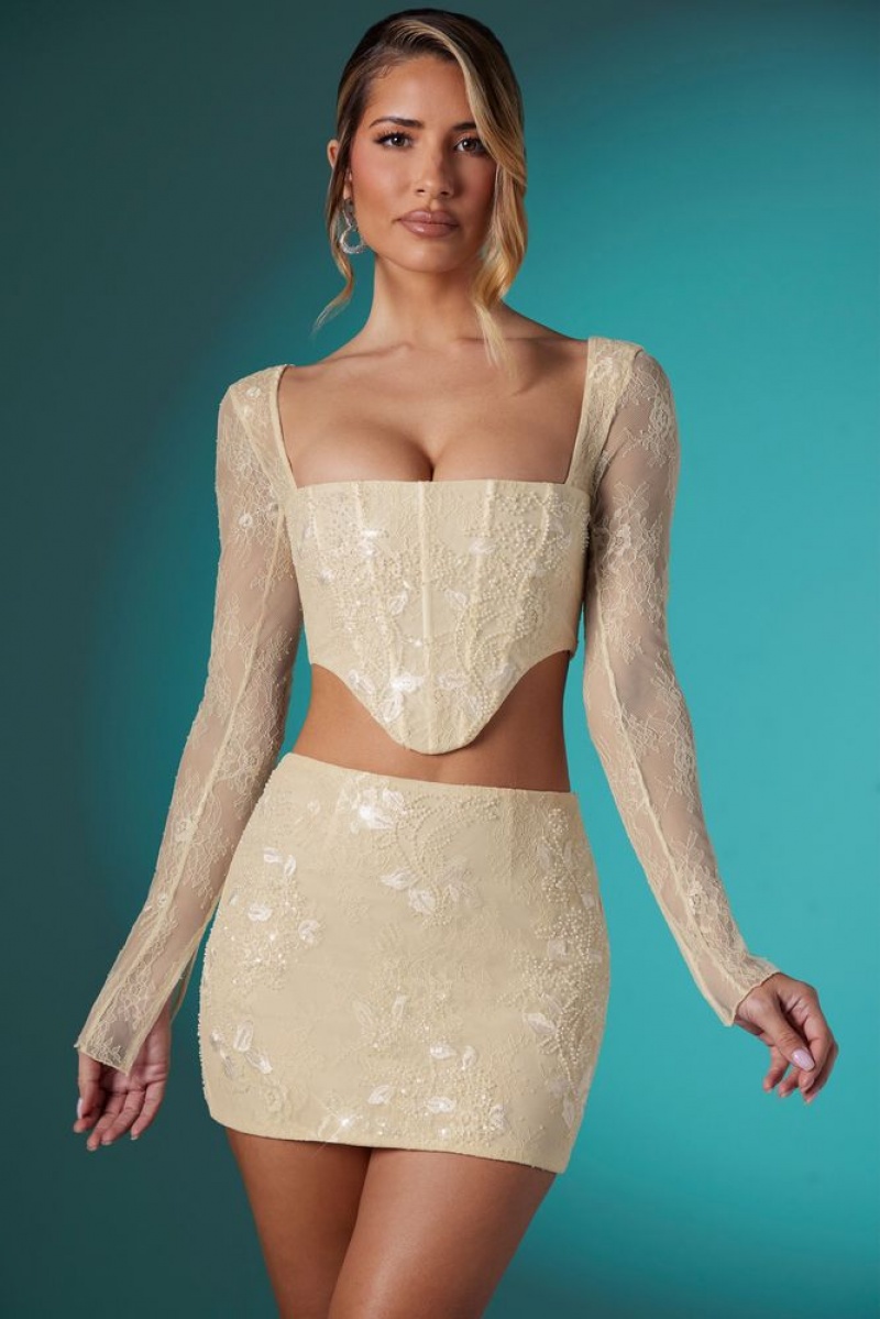 Ivory Oh Polly Neve Long Sleeve Embellished Lace Corset Crop Top | MSRH-73068