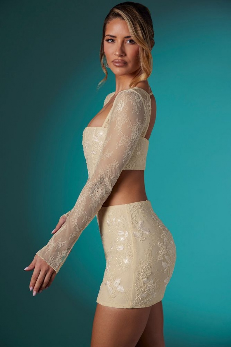 Ivory Oh Polly Neve Long Sleeve Embellished Lace Corset Crop Top | MSRH-73068