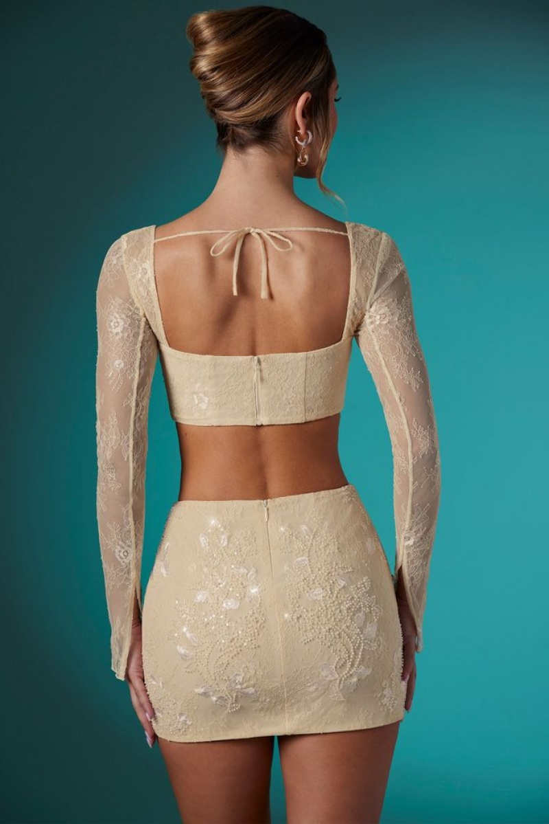 Ivory Oh Polly Neve Long Sleeve Embellished Lace Corset Crop Top | MSRH-73068