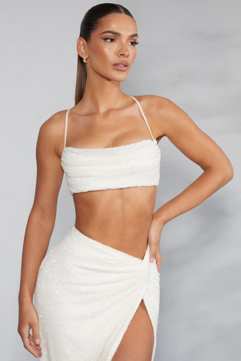 Ivory Oh Polly Pisa Embellished Cross Back Crop Top | HJAV-90423