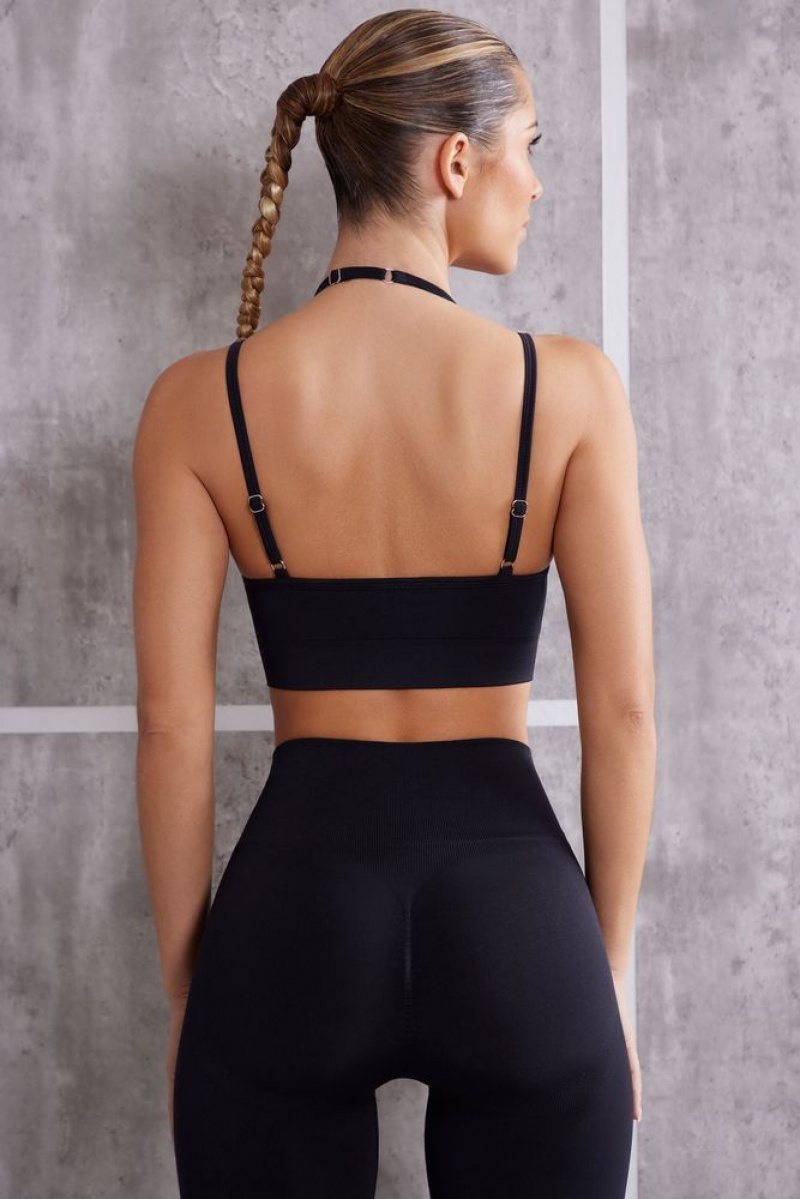 Jet Black Oh Polly Aligned Scoop Neck Sports Bra | DNIP-14059