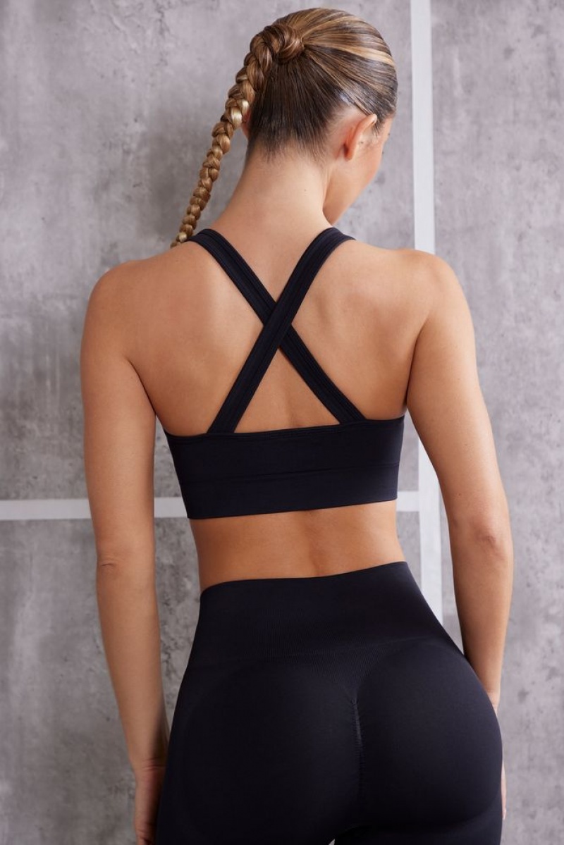 Jet Black Oh Polly In Check Plunge Neck Sports Bra | PWSM-56237