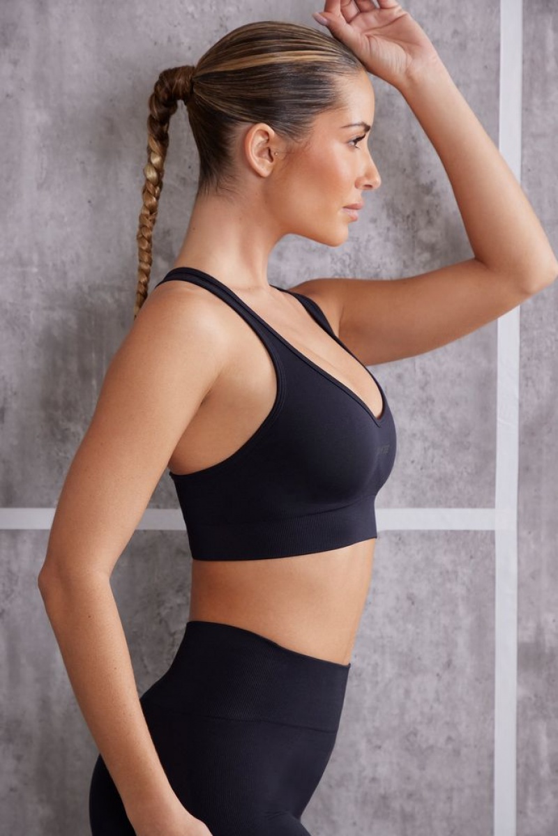 Jet Black Oh Polly In Check Plunge Neck Sports Bra | PWSM-56237