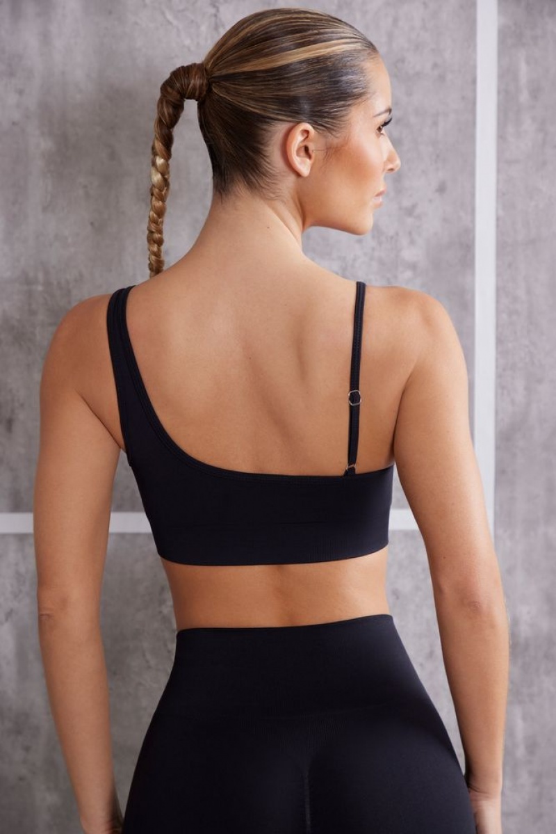 Jet Black Oh Polly Stretch Asymmetric Sports Bra | SHKW-81740