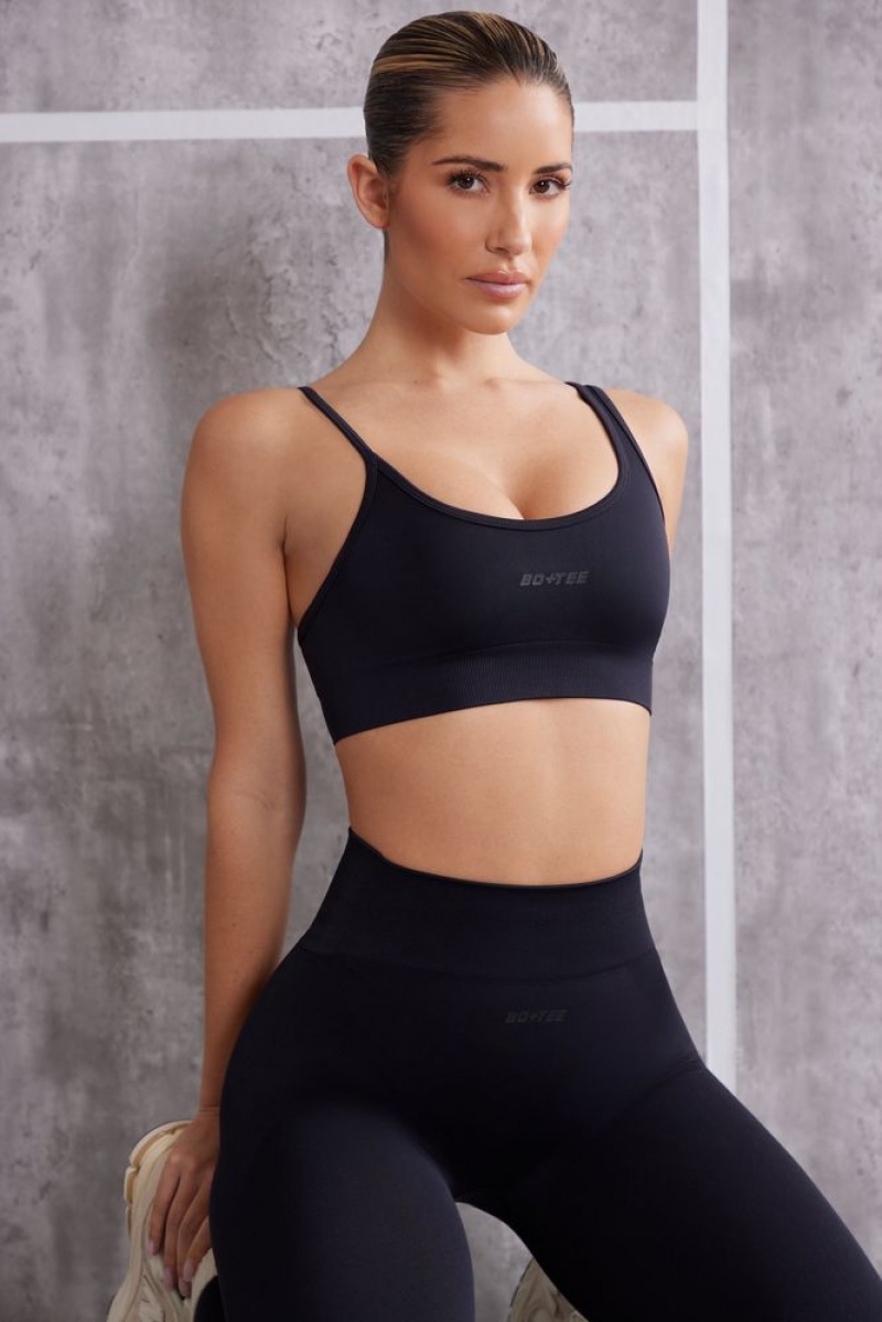 Jet Black Oh Polly Stretch Asymmetric Sports Bra | SHKW-81740