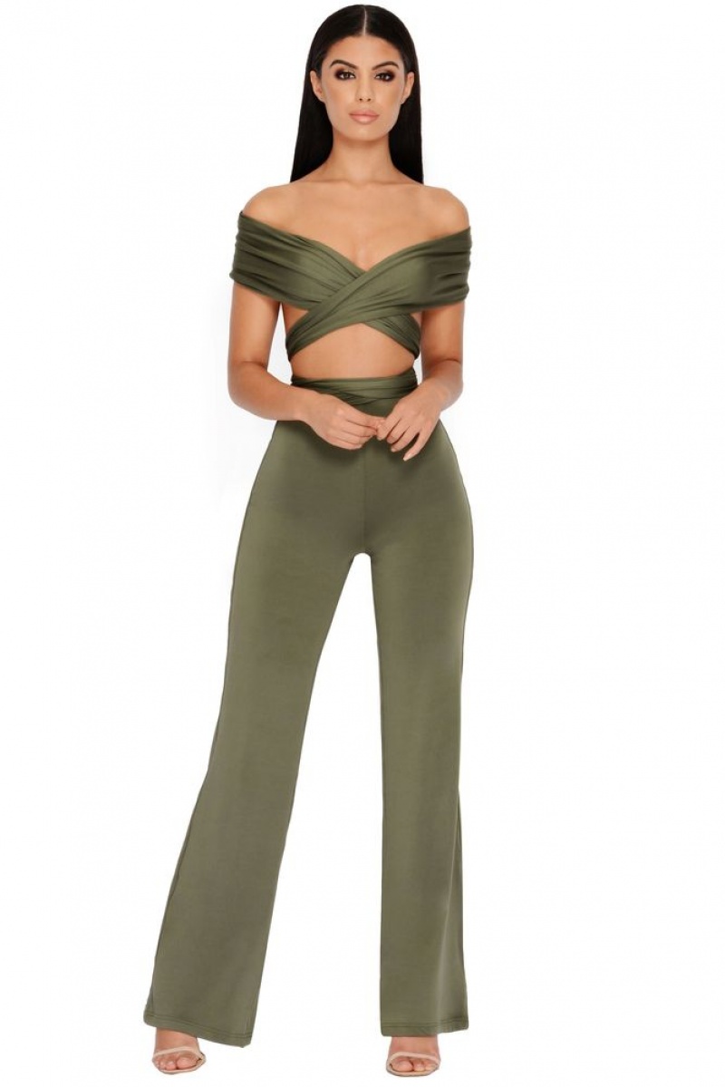 Khaki Oh Polly Late Night Ruche High Waisted Trousers | PMJZ-82654