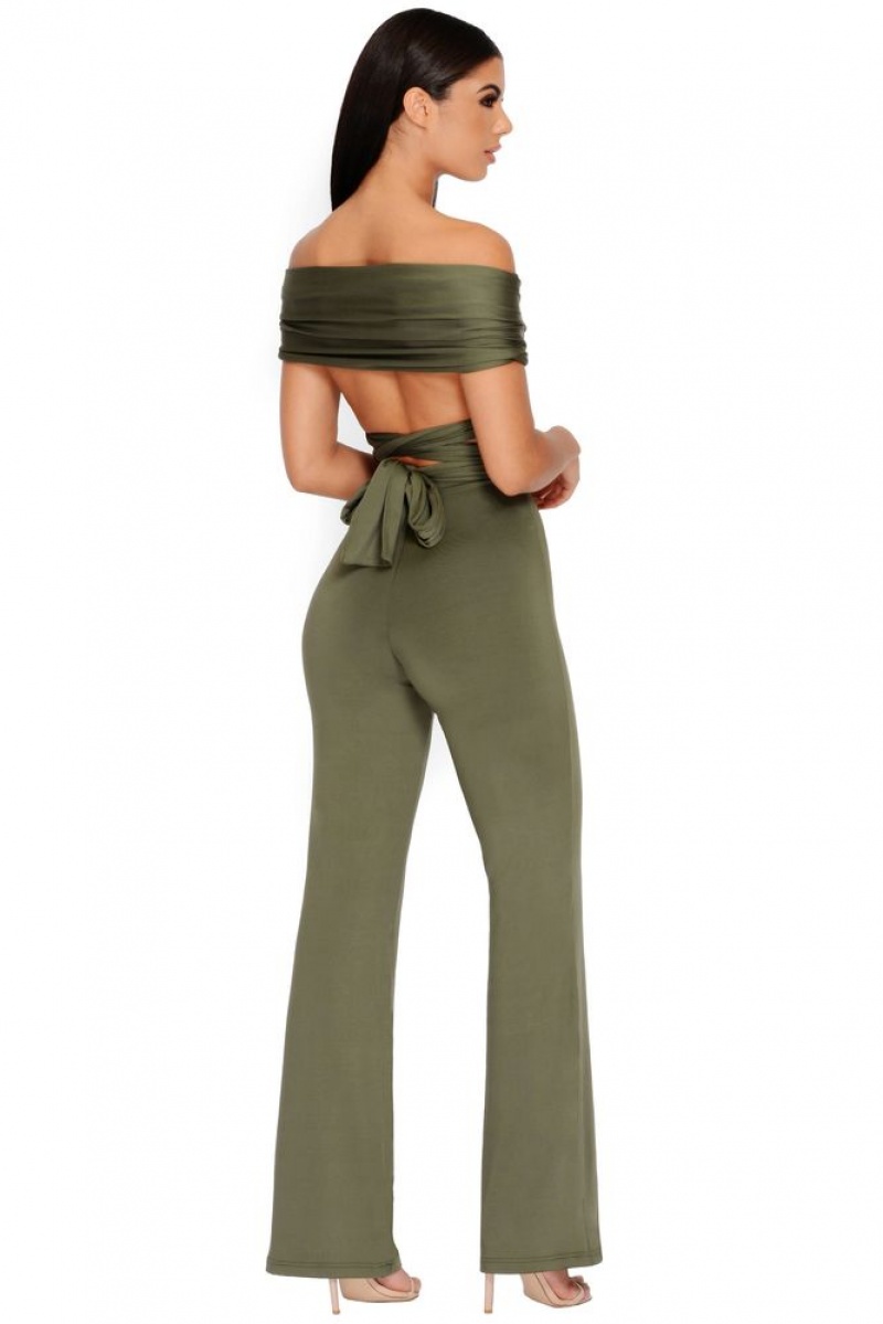 Khaki Oh Polly Late Night Ruche High Waisted Trousers | PMJZ-82654