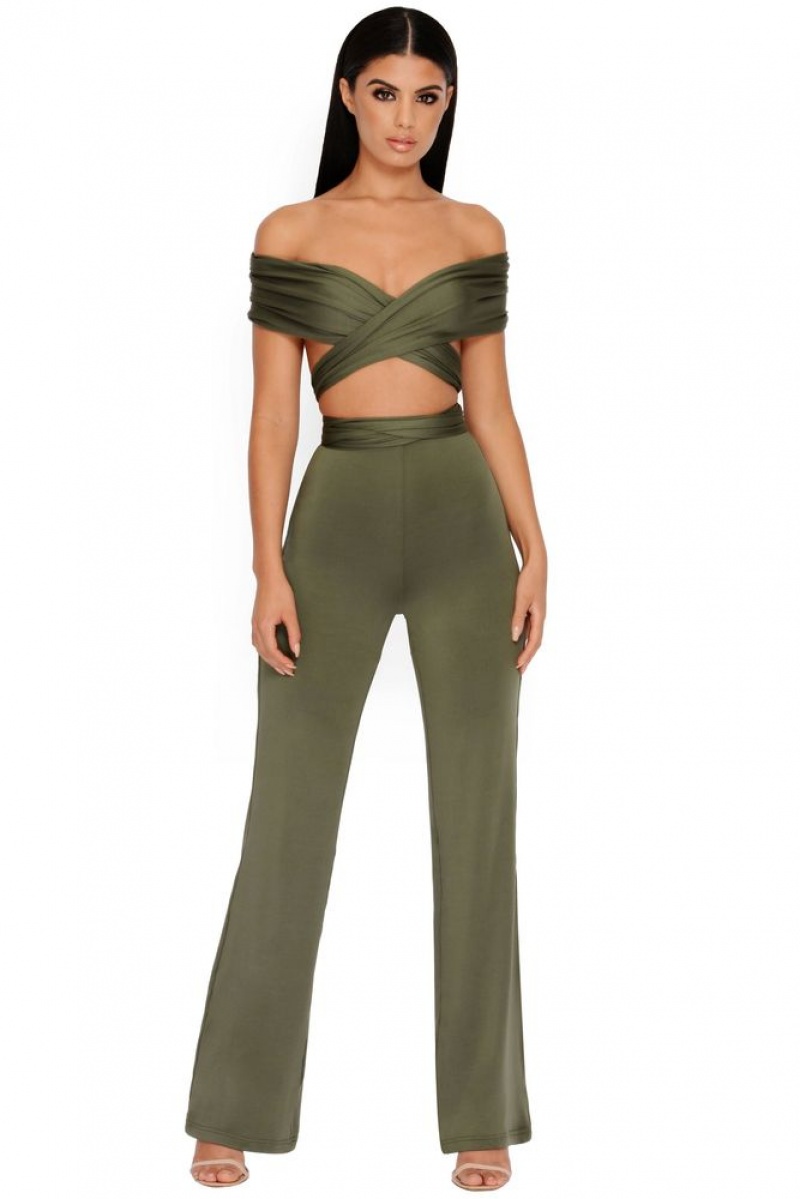 Khaki Oh Polly Late Night Ruche High Waisted Trousers | PMJZ-82654