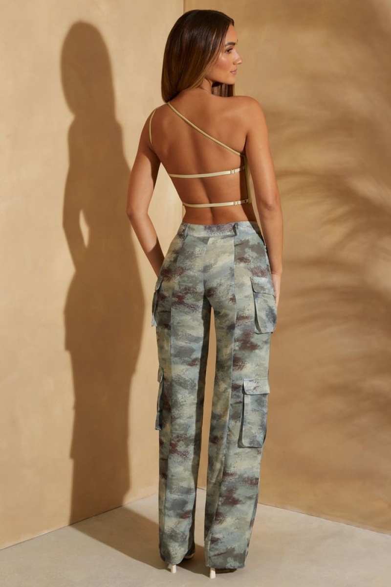 Khaki Print Oh Polly Zion High Waist Camo Cargo Trousers | FGRW-73054