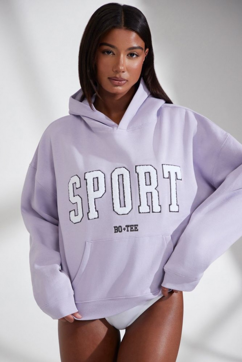 Lavender Oh Polly Varsity Oversized Hooded Sweatshirt | TVRA-54678