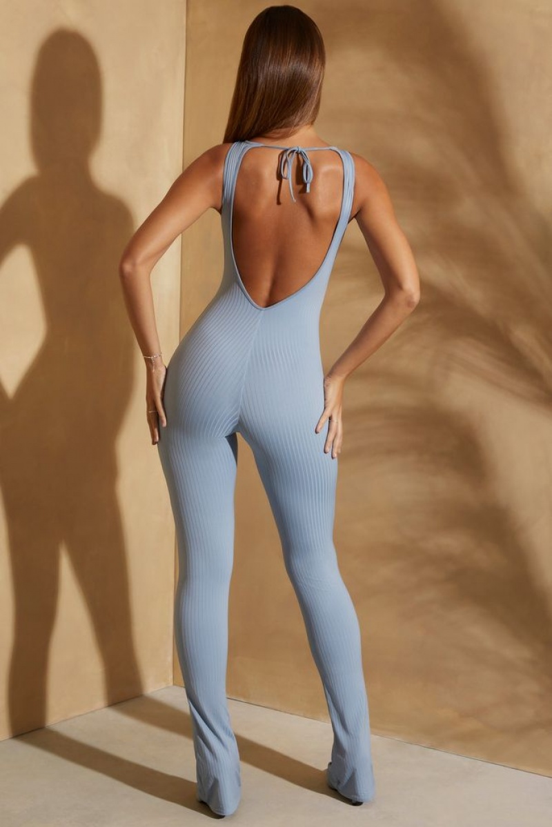 Light Blue Oh Polly Citra Ribbed Cut Out Back Jumpsuit | FUXR-37590