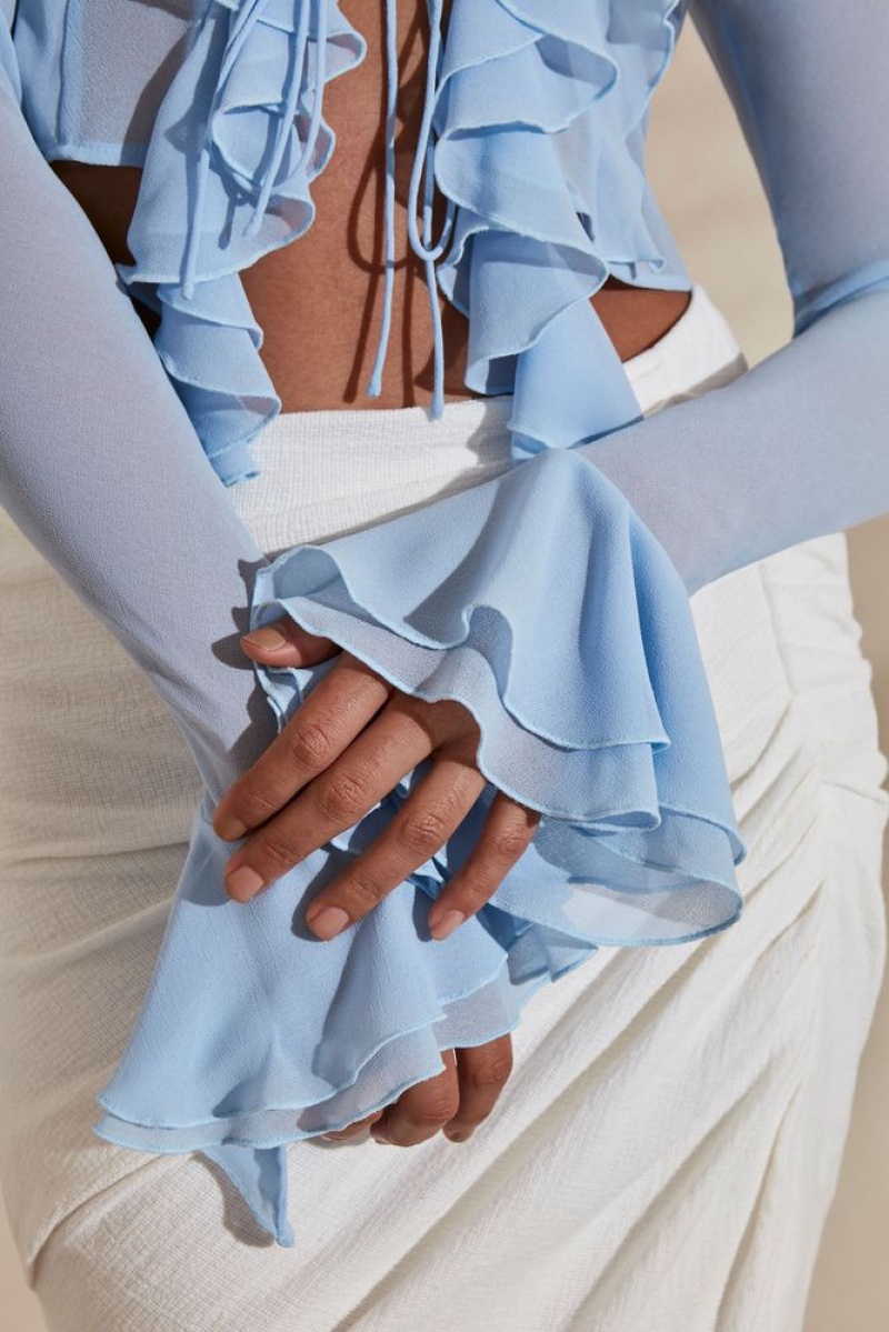 Light Blue Oh Polly Dionis Long Sleeve Ruffle Blouse | PTOM-63581