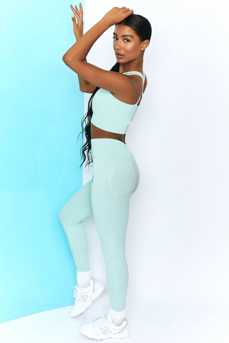 Light Blue Oh Polly Energise Petite Ribbed Tie Front Full Length Leggings | BALV-62341