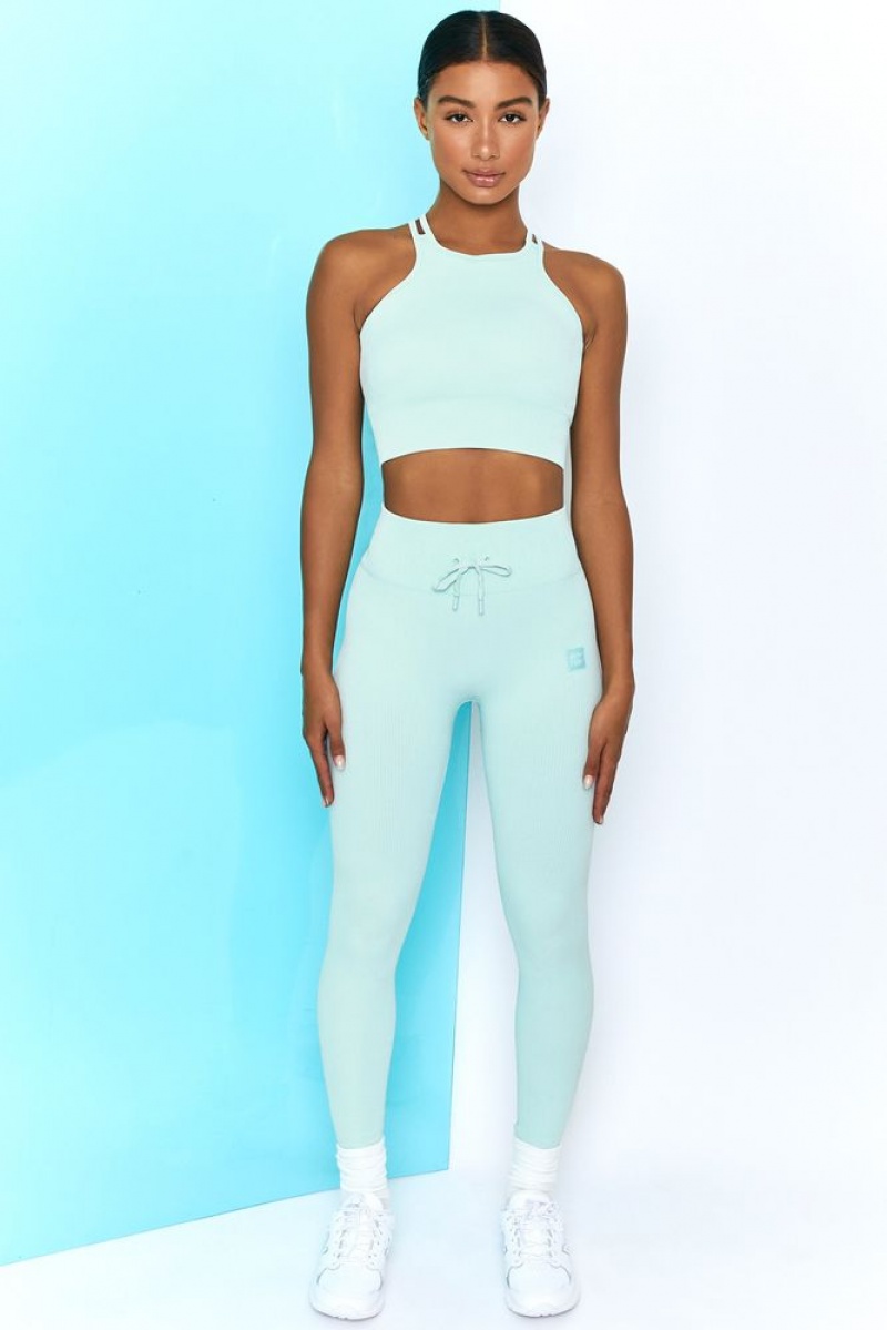 Light Blue Oh Polly Energise Ribbed Tie Front Full Length Leggings | UBGM-25109