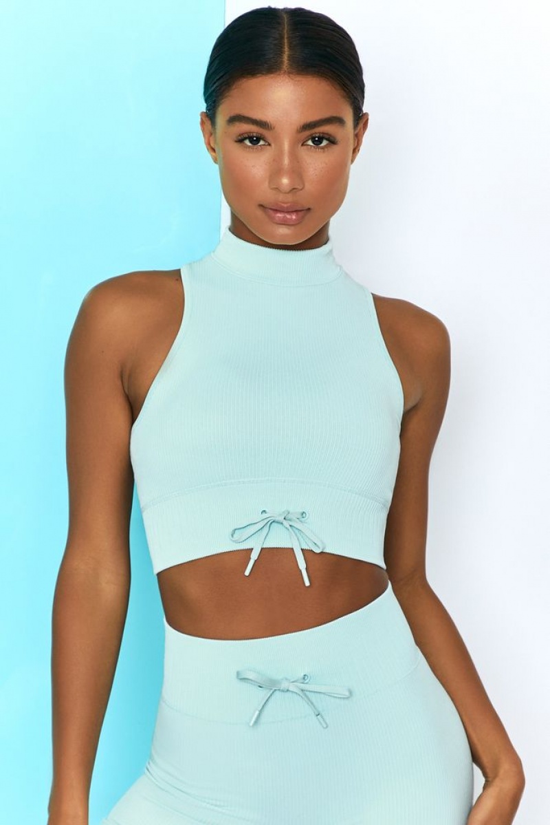 Light Blue Oh Polly Miles Ahead Ribbed High Neck Crop Top | TBYF-08971