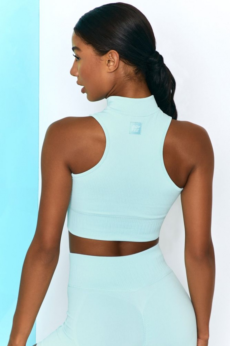 Light Blue Oh Polly Miles Ahead Ribbed High Neck Crop Top | TBYF-08971