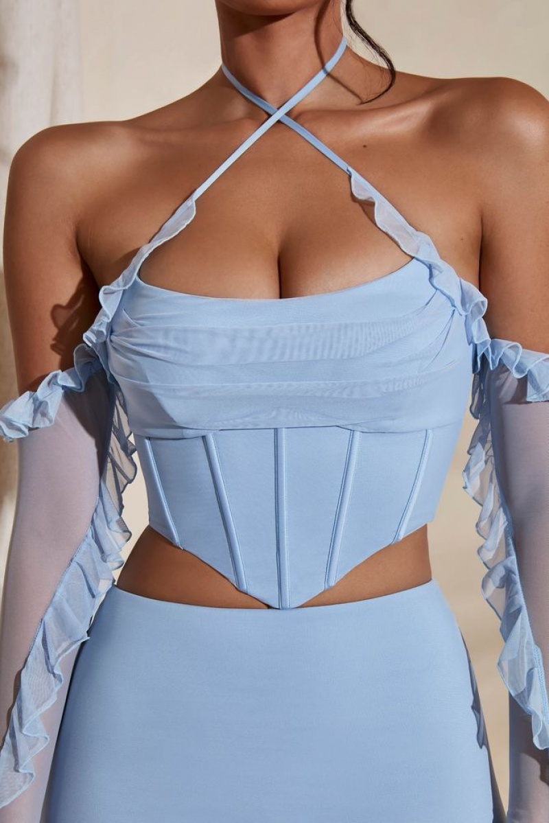 Light Blue Oh Polly Noemi Long Sleeve Cowl Neck Corset Crop Top | NUME-79364