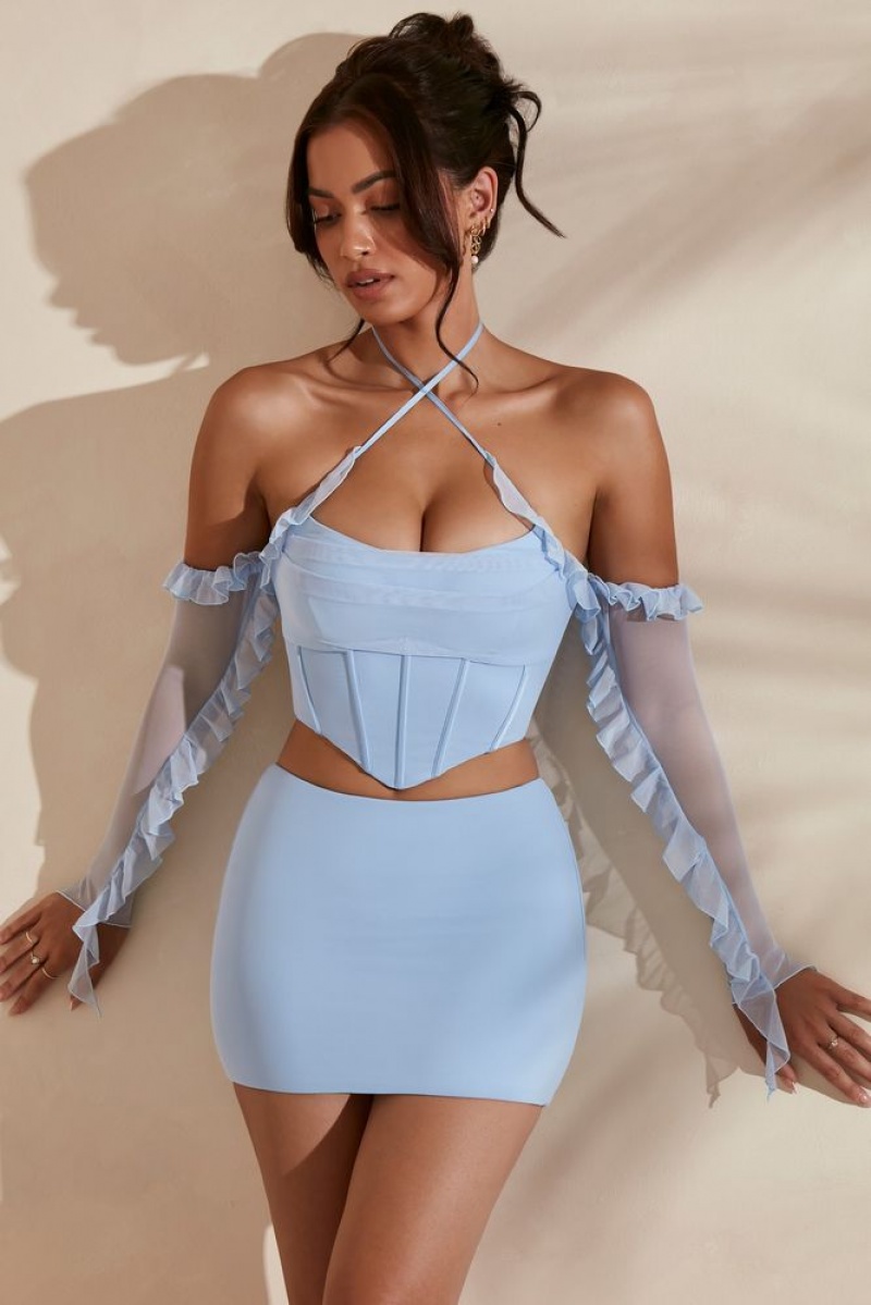 Light Blue Oh Polly Noemi Long Sleeve Cowl Neck Corset Crop Top | NUME-79364