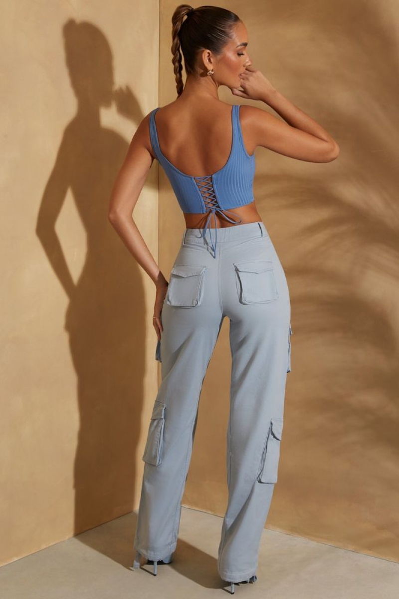 Light Blue Oh Polly Parker High Waist Wide Leg Cargo Trousers | PBFU-80719