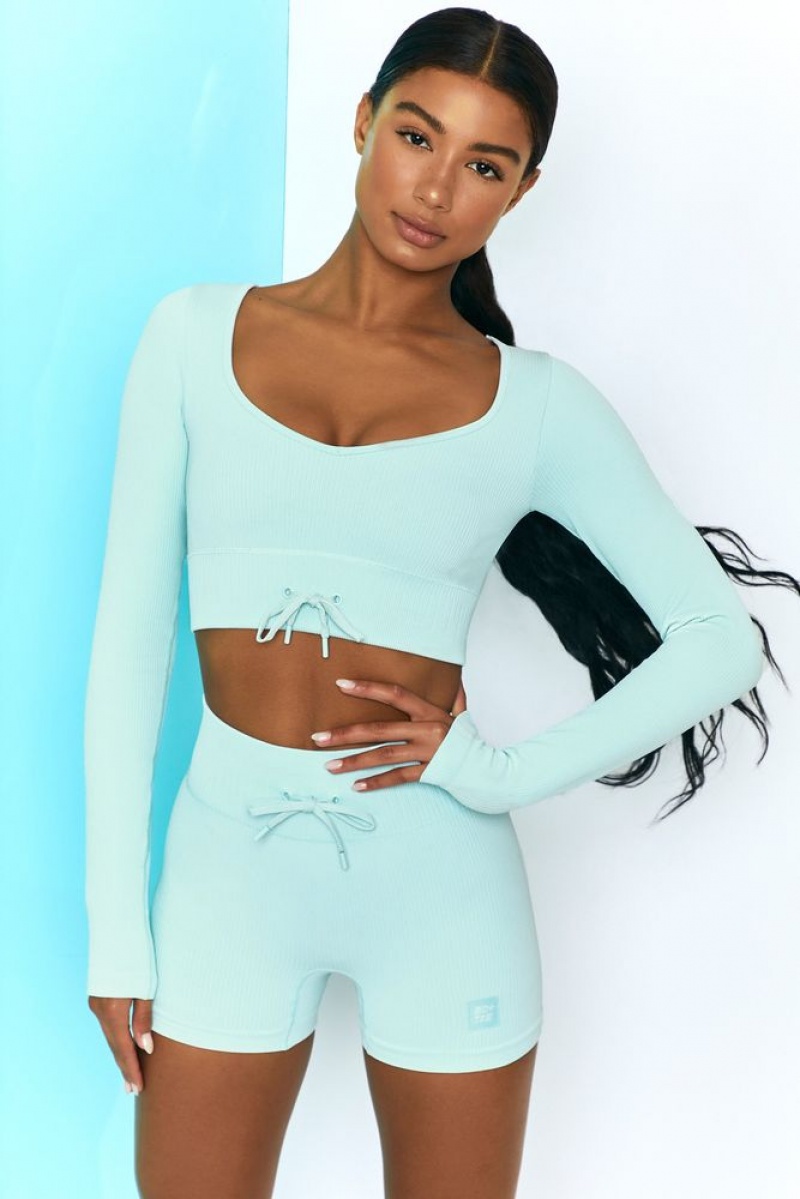 Light Blue Oh Polly Time Check Ribbed Long Sleeve Crop Top | QLIR-65042