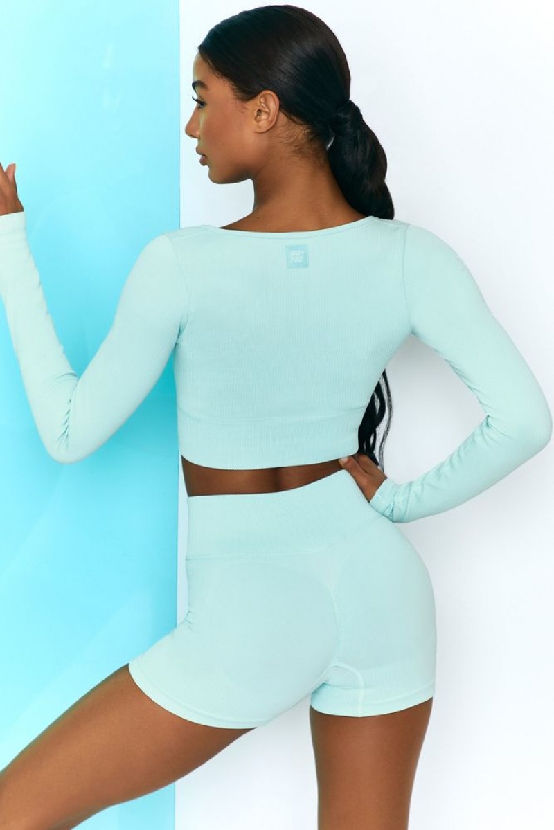 Light Blue Oh Polly Time Check Ribbed Long Sleeve Crop Top | QLIR-65042