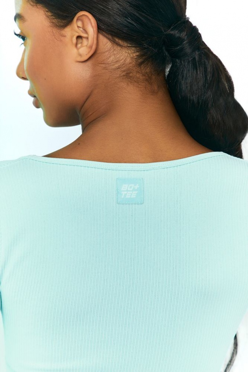 Light Blue Oh Polly Time Check Ribbed Long Sleeve Crop Top | QLIR-65042