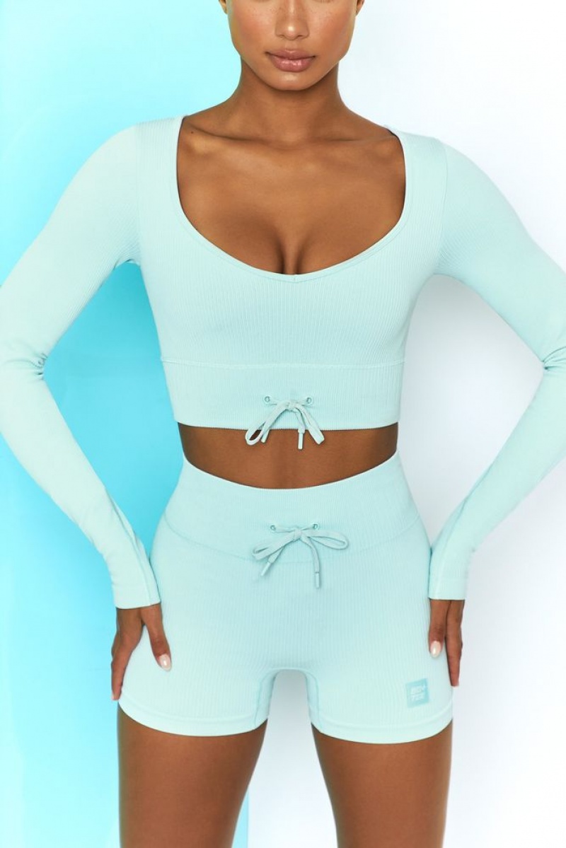 Light Blue Oh Polly Time Check Ribbed Long Sleeve Crop Top | QLIR-65042