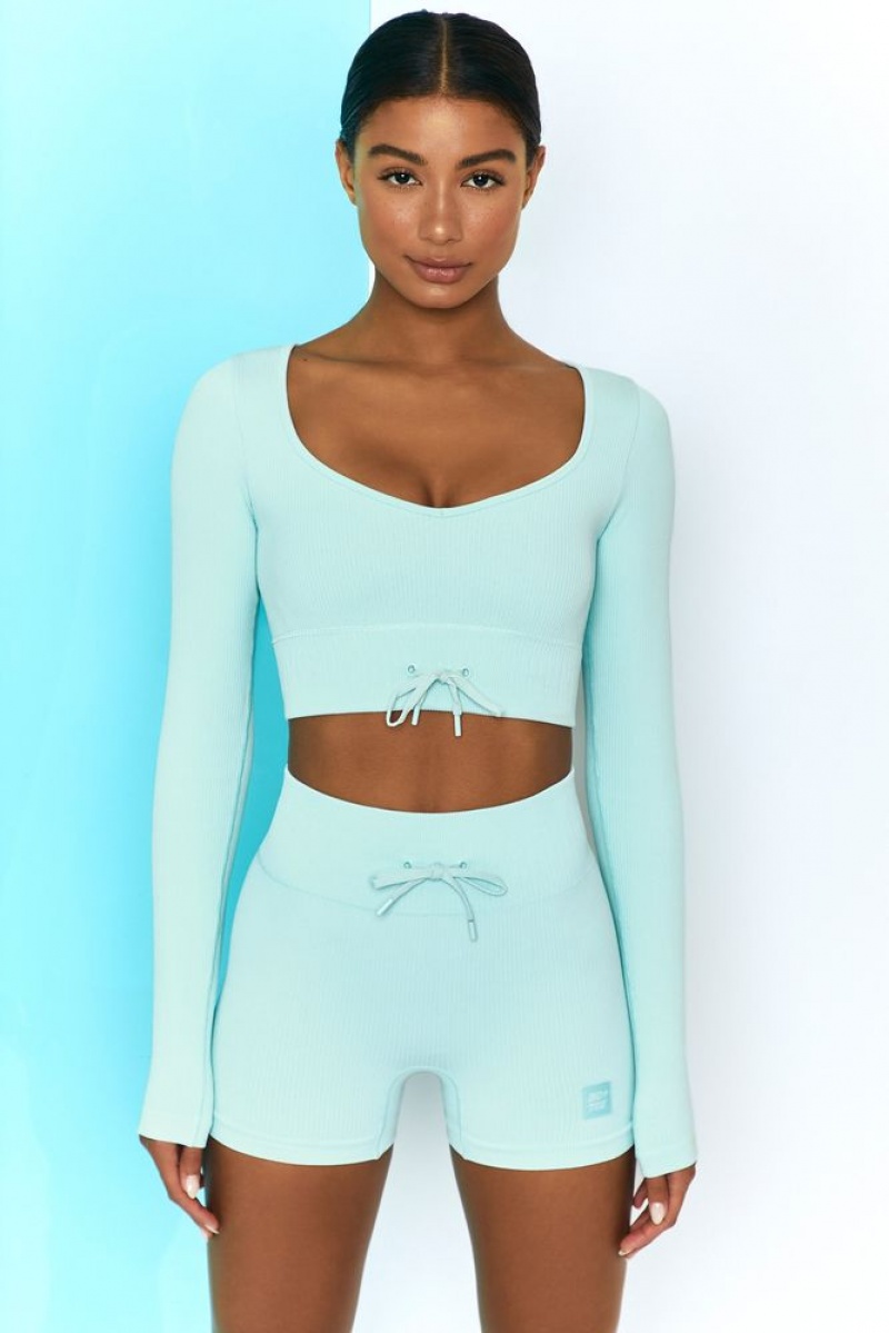 Light Blue Oh Polly Time Check Ribbed Long Sleeve Crop Top | QLIR-65042