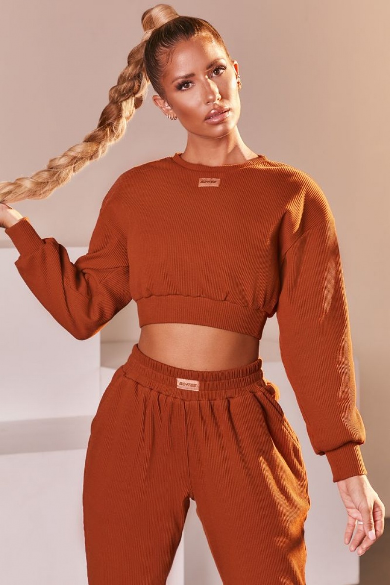 Light Brown Oh Polly At Ease Ribbed Cropped Oversized Sweatshirt | TZSJ-75906