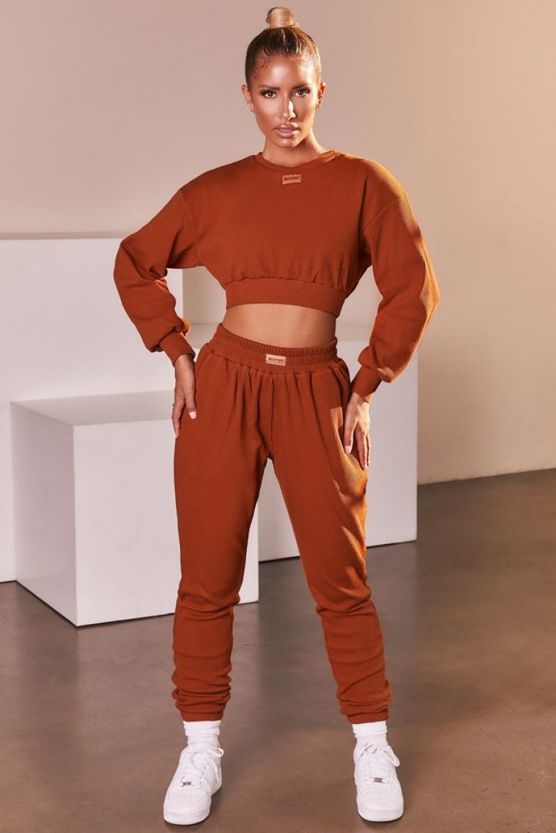 Light Brown Oh Polly At Ease Ribbed Cropped Oversized Sweatshirt | TZSJ-75906