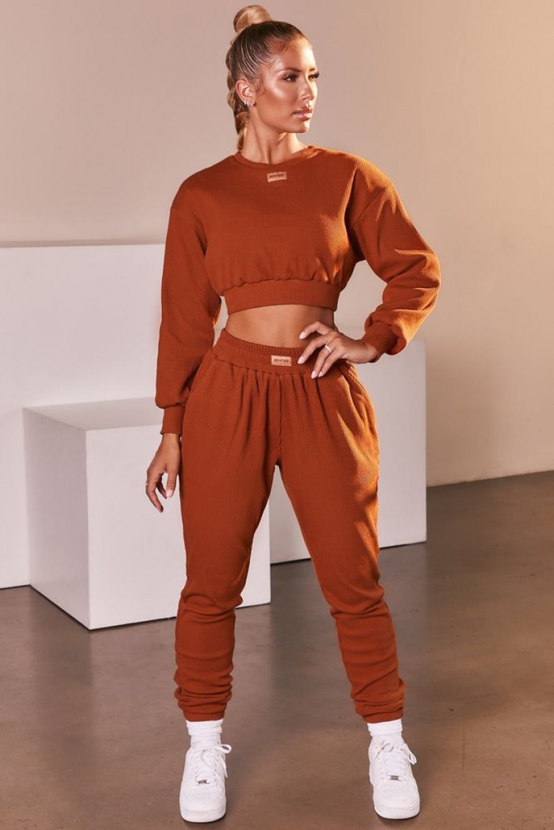 Light Brown Oh Polly At Ease Ribbed Cropped Oversized Sweatshirt | TZSJ-75906