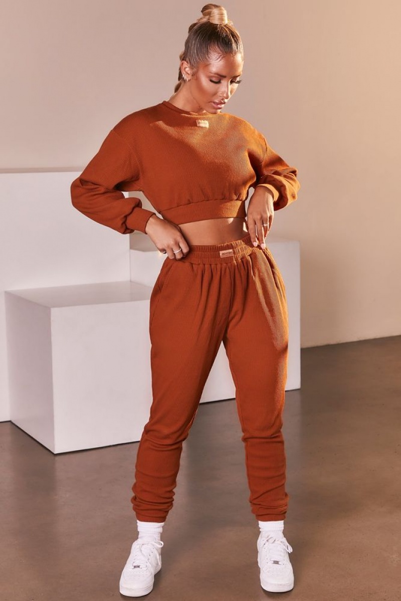 Light Brown Oh Polly At Ease Ribbed Cropped Oversized Sweatshirt | TZSJ-75906