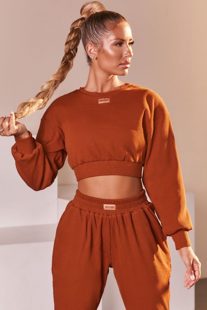 Light Brown Oh Polly At Ease Ribbed Cropped Oversized Sweatshirt | TZSJ-75906