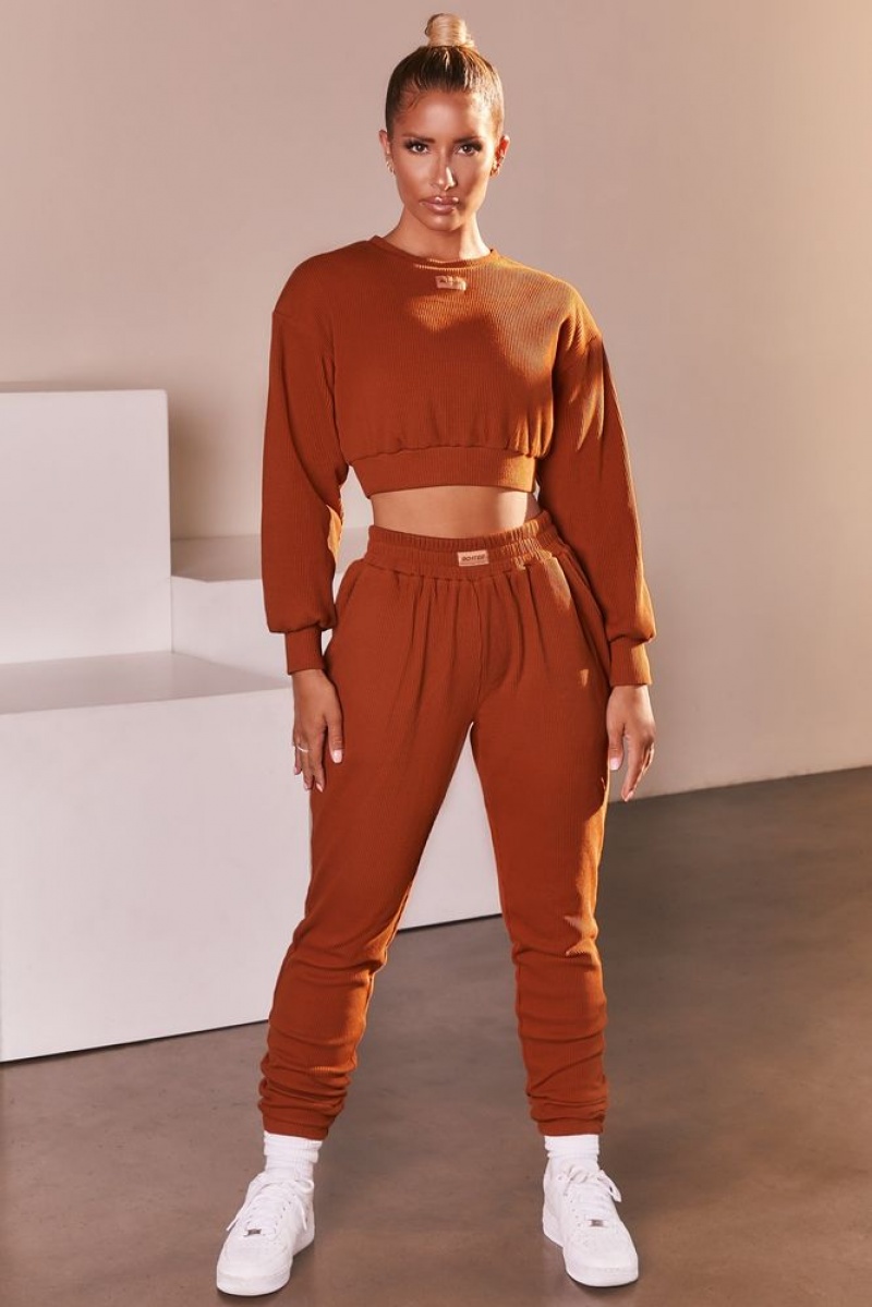 Light Brown Oh Polly At Ease Ribbed Cropped Oversized Sweatshirt | TZSJ-75906